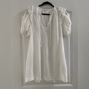 Olivaceous White Peasant Dress with Ruffle Sleeve Detail, Linen Blend